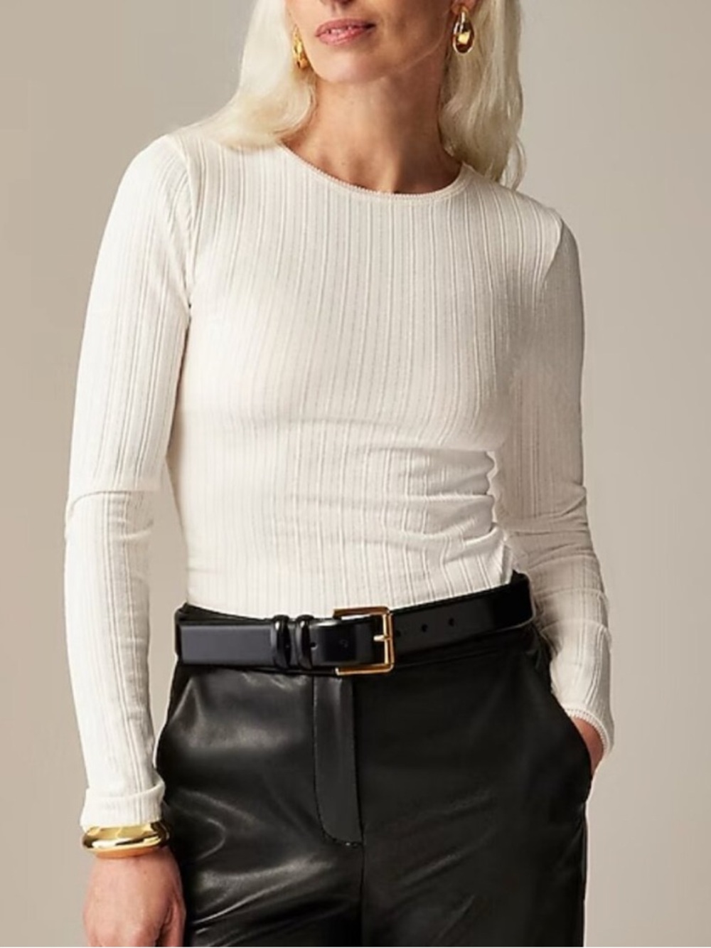 J. Crew Ribbed Pointelle Long Sleeve Scalloped Lace Crewneck Top Ivory 2024 XL
